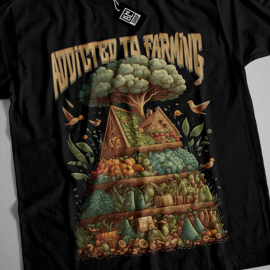 a black t - shirt with a picture of a pyramid of fruits and vegetables