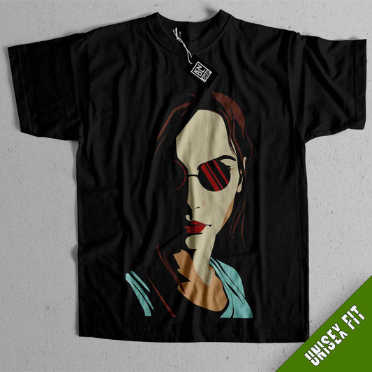 a black t - shirt with a picture of a woman wearing sunglasses
