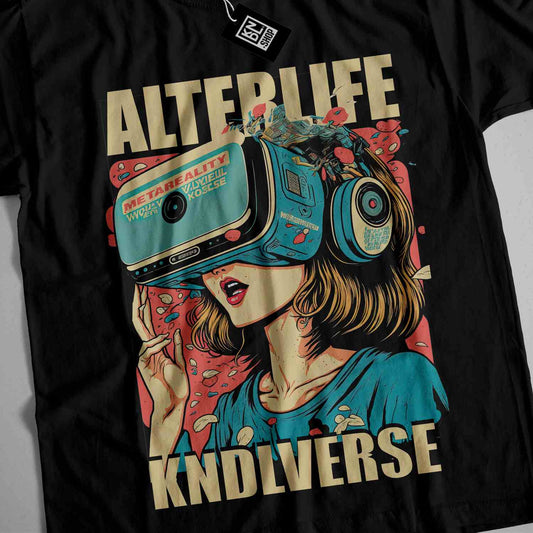 a t - shirt with a picture of a woman wearing a virtual reality headset