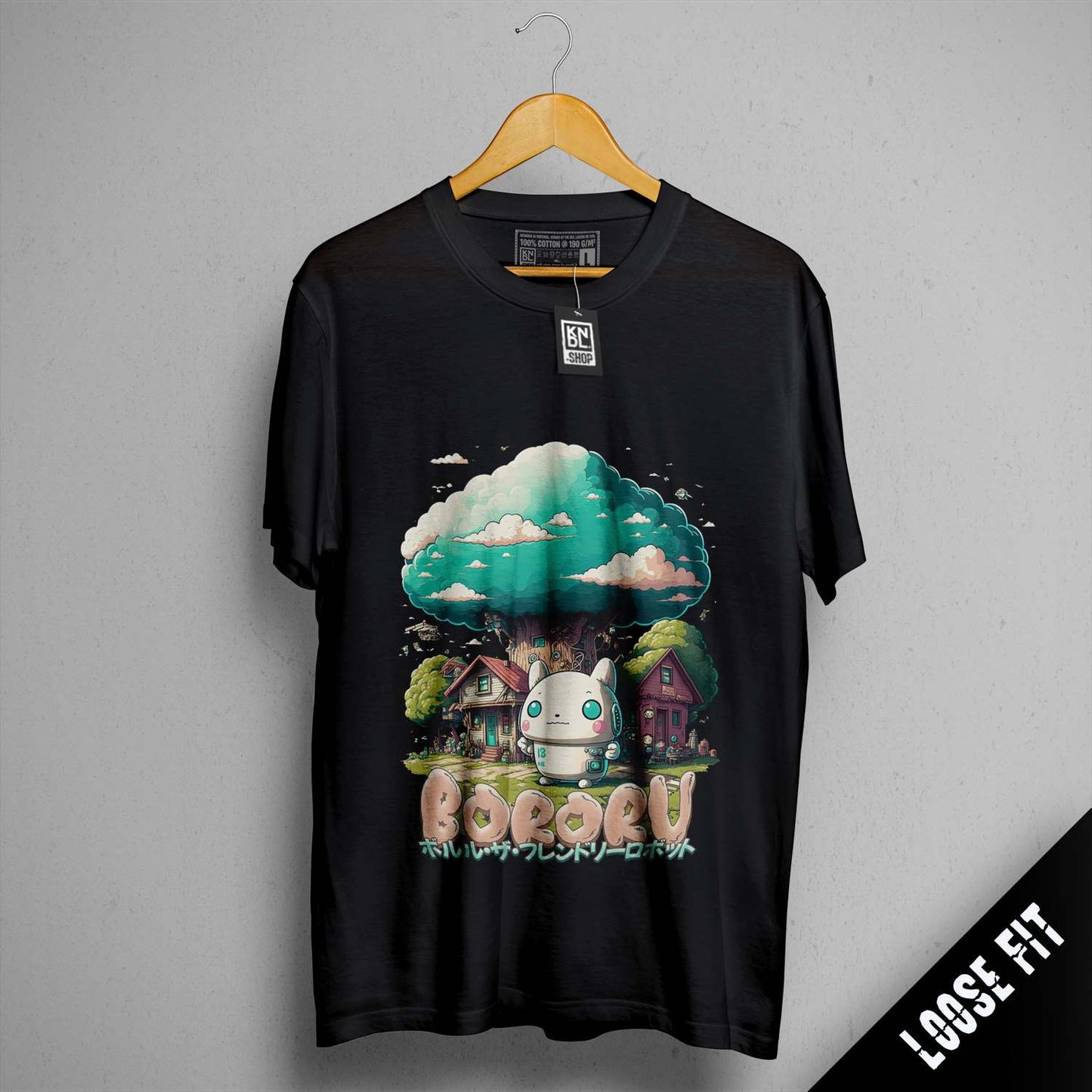 a black t - shirt with a mushroom house on it