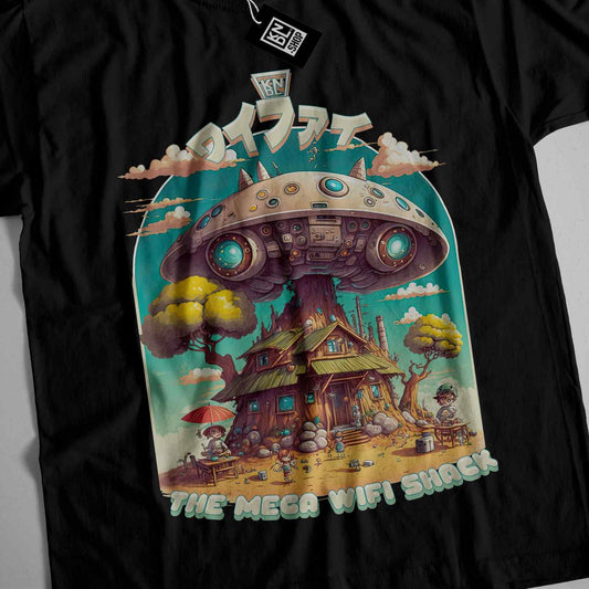 a black t - shirt with a picture of a mushroom house on it