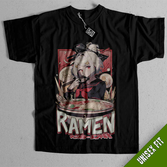 a black t - shirt with a picture of ramen on it