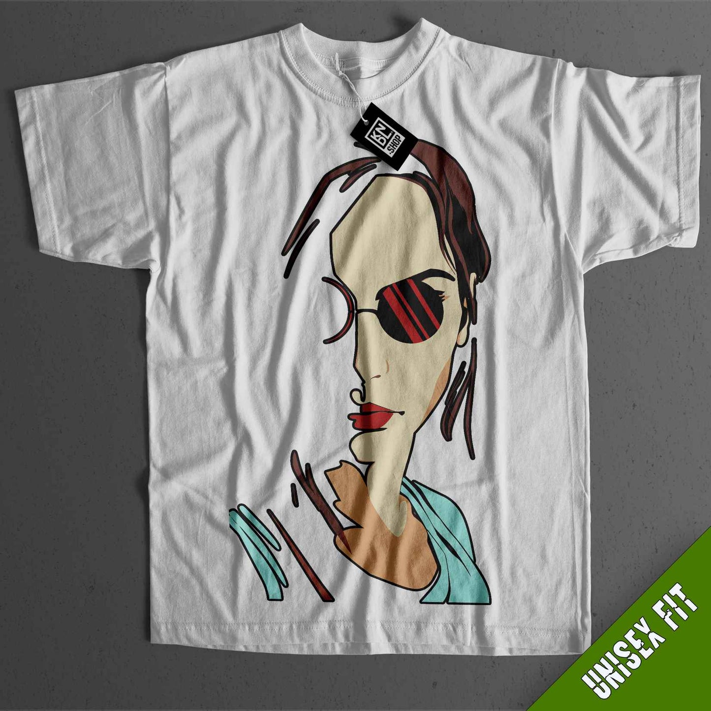 a t - shirt with a picture of a woman wearing sunglasses