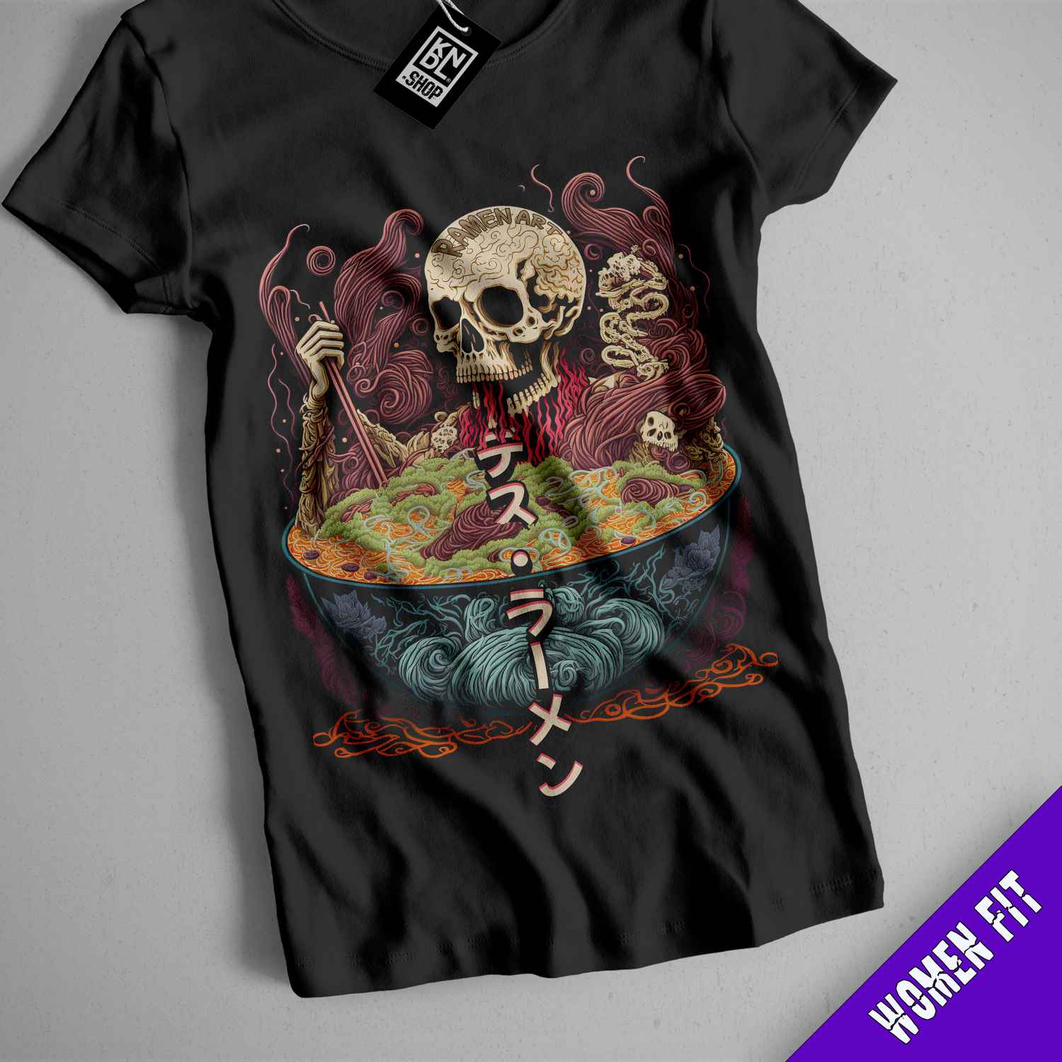 a t - shirt with a skeleton holding a bowl of food