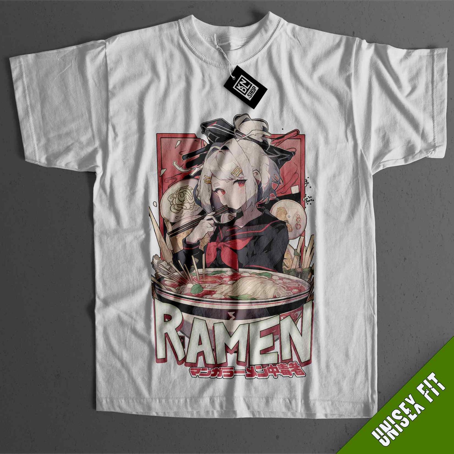 a white t - shirt with an image of ramen on it