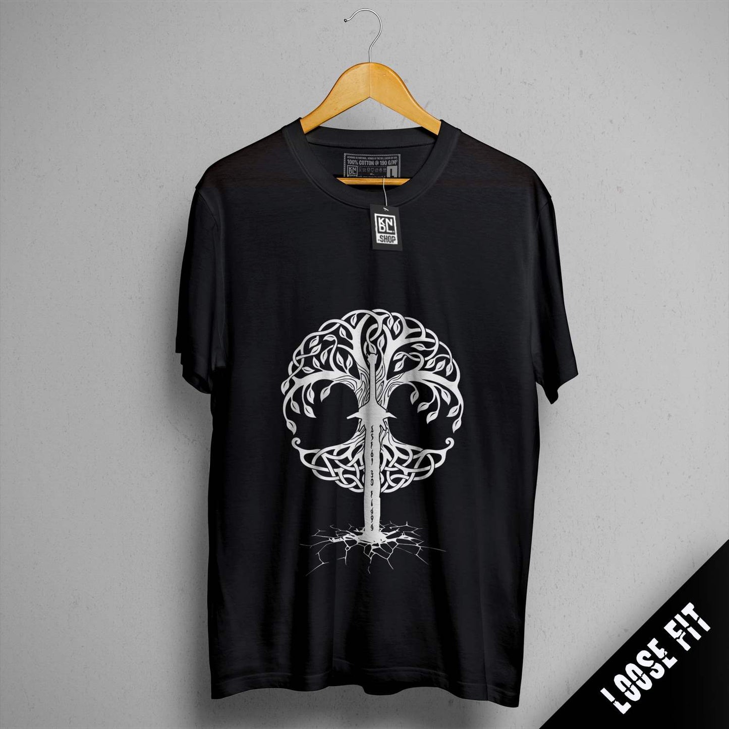 a black shirt with a white tree of life on it