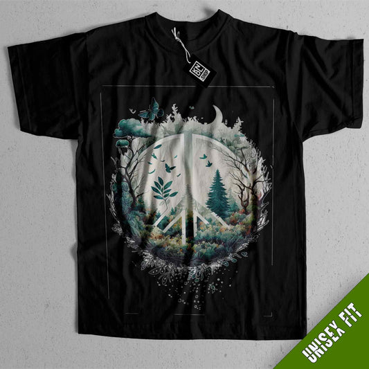 a black t - shirt with a forest scene on it