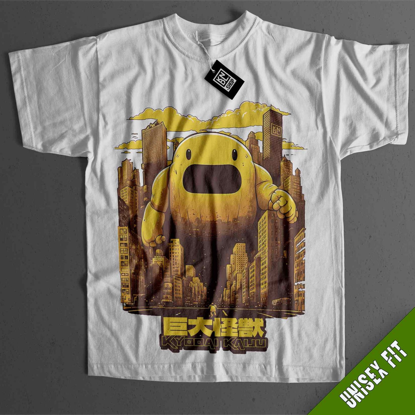 a t - shirt with a picture of a yellow monster on it