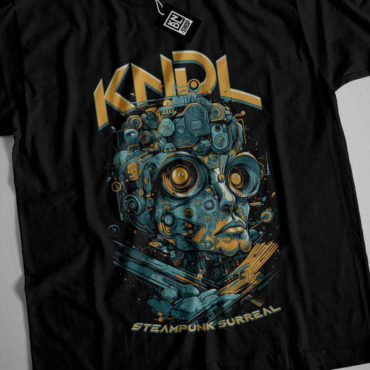 a black t - shirt with an image of a robot head
