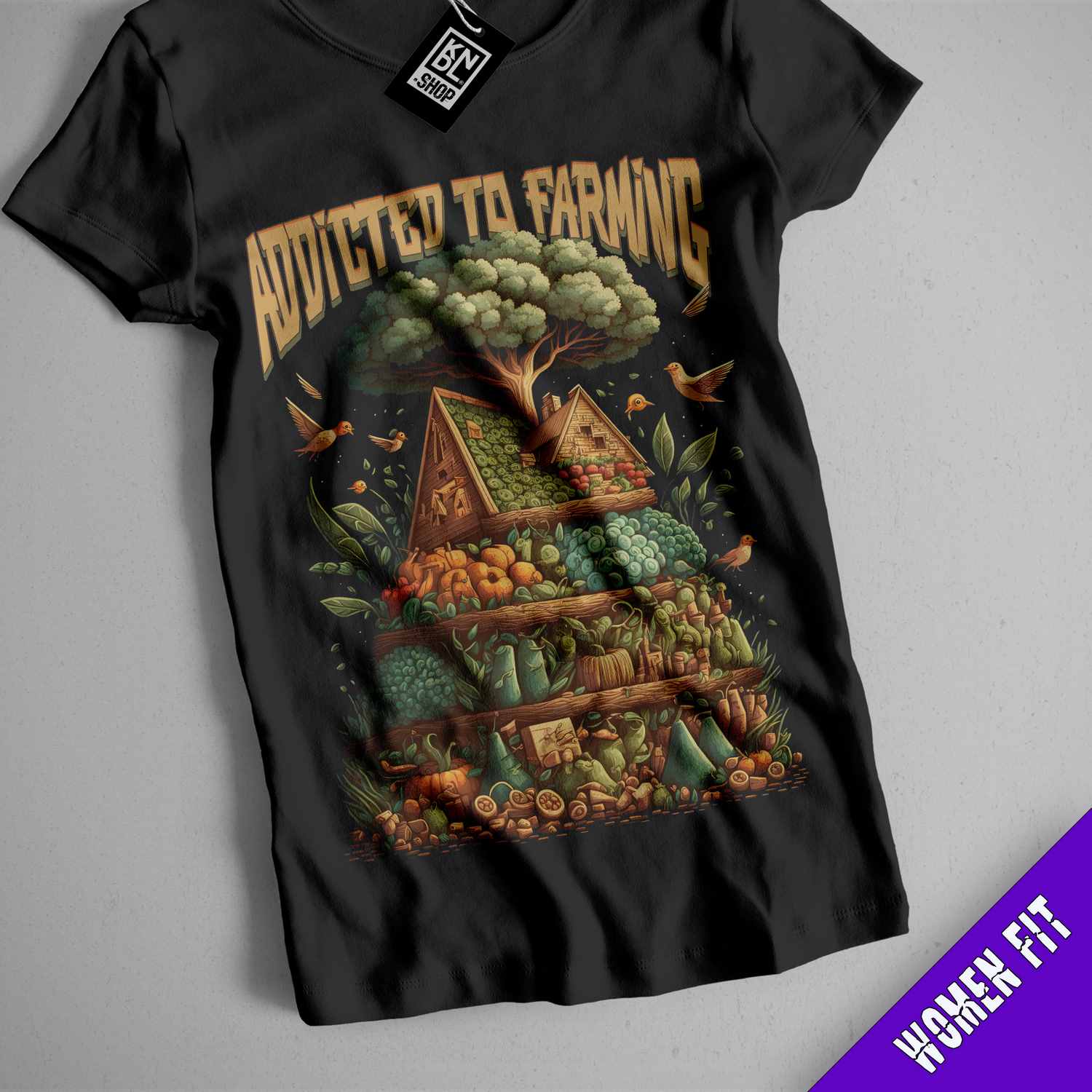 a black t - shirt with a picture of a pyramid and trees