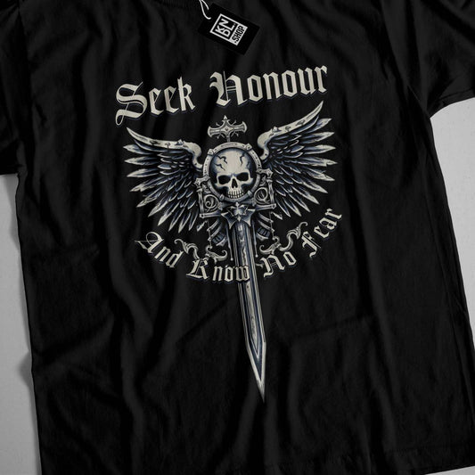 a black t - shirt with a skull and sword on it