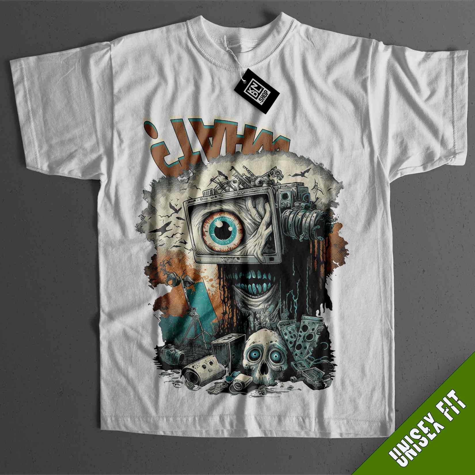 a white t - shirt with an image of a camera and a skull on it