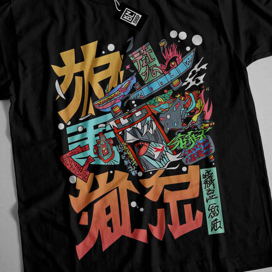 a black t - shirt with a colorful design on it