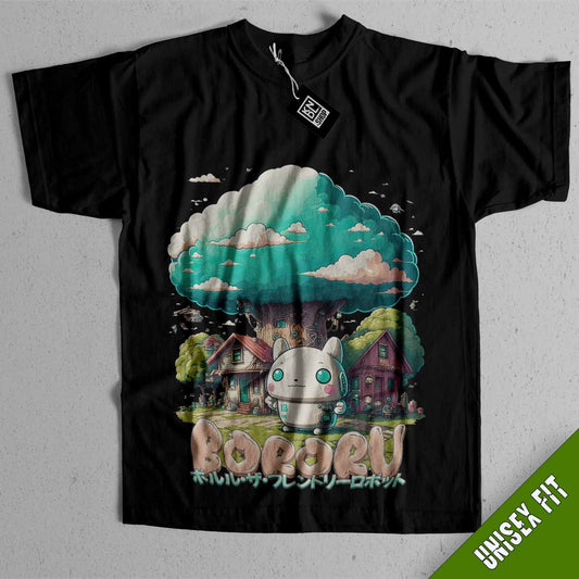a black t - shirt with an image of a mushroom on it