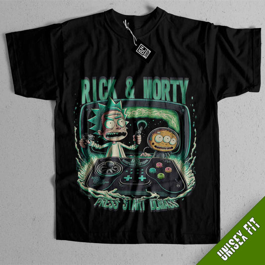 a black t - shirt with rick and mort on it