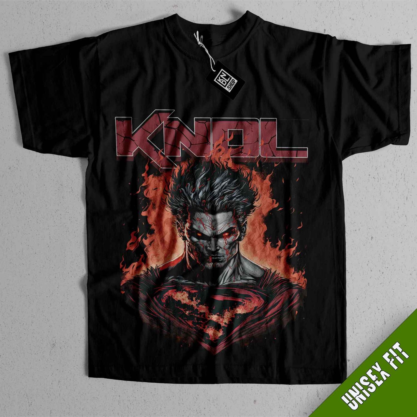 a black t - shirt with a picture of a man in flames