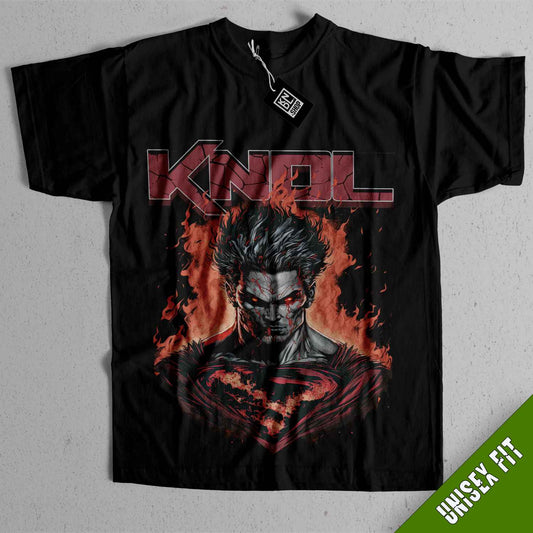 a black t - shirt with a picture of a man in flames
