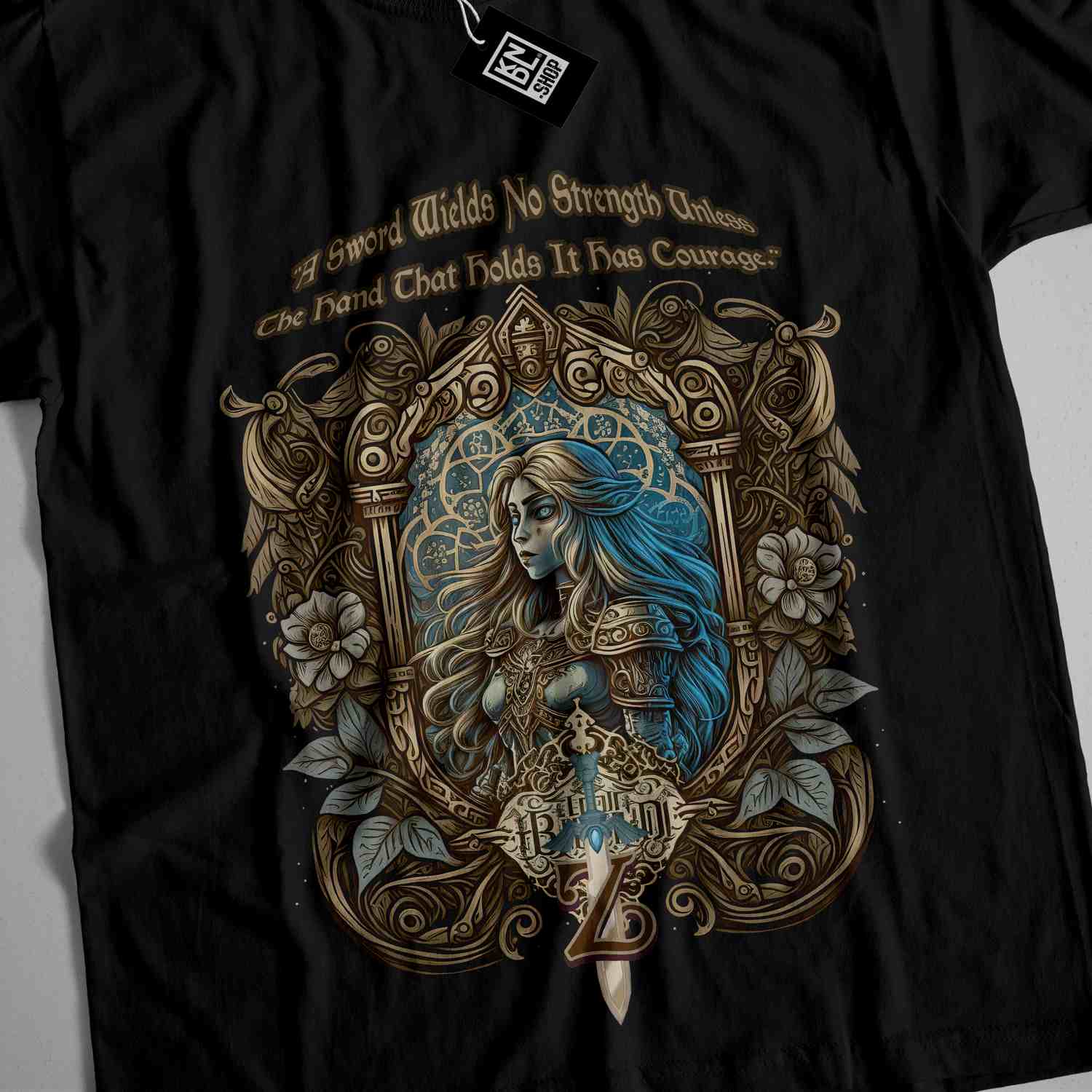 a t - shirt with a picture of a woman holding a sword