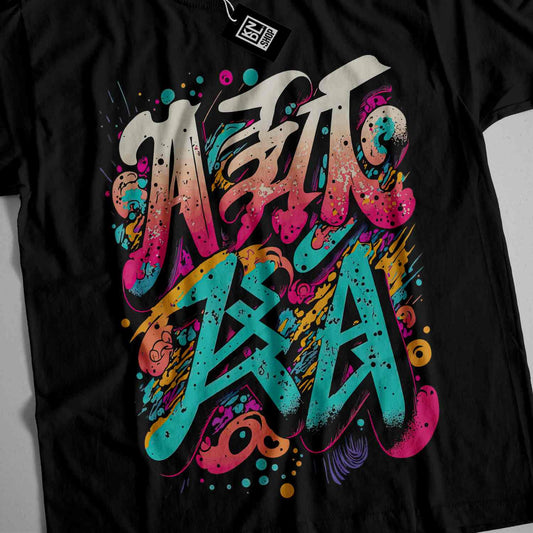 a black t - shirt with colorful graffiti on it