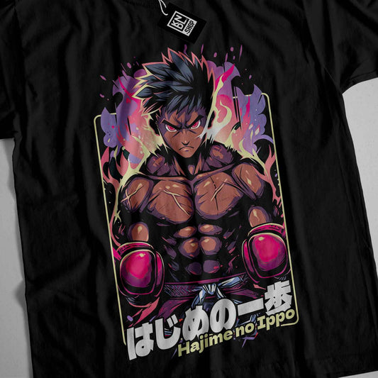 a black t - shirt with a picture of a man in a fighting stance