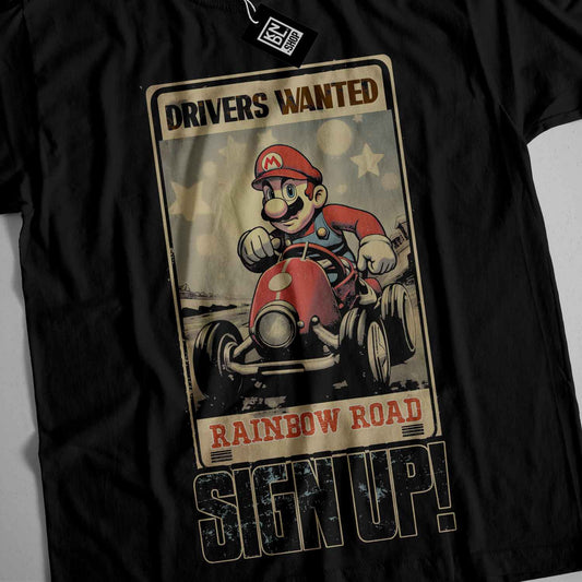 a black shirt with a mario kart on it