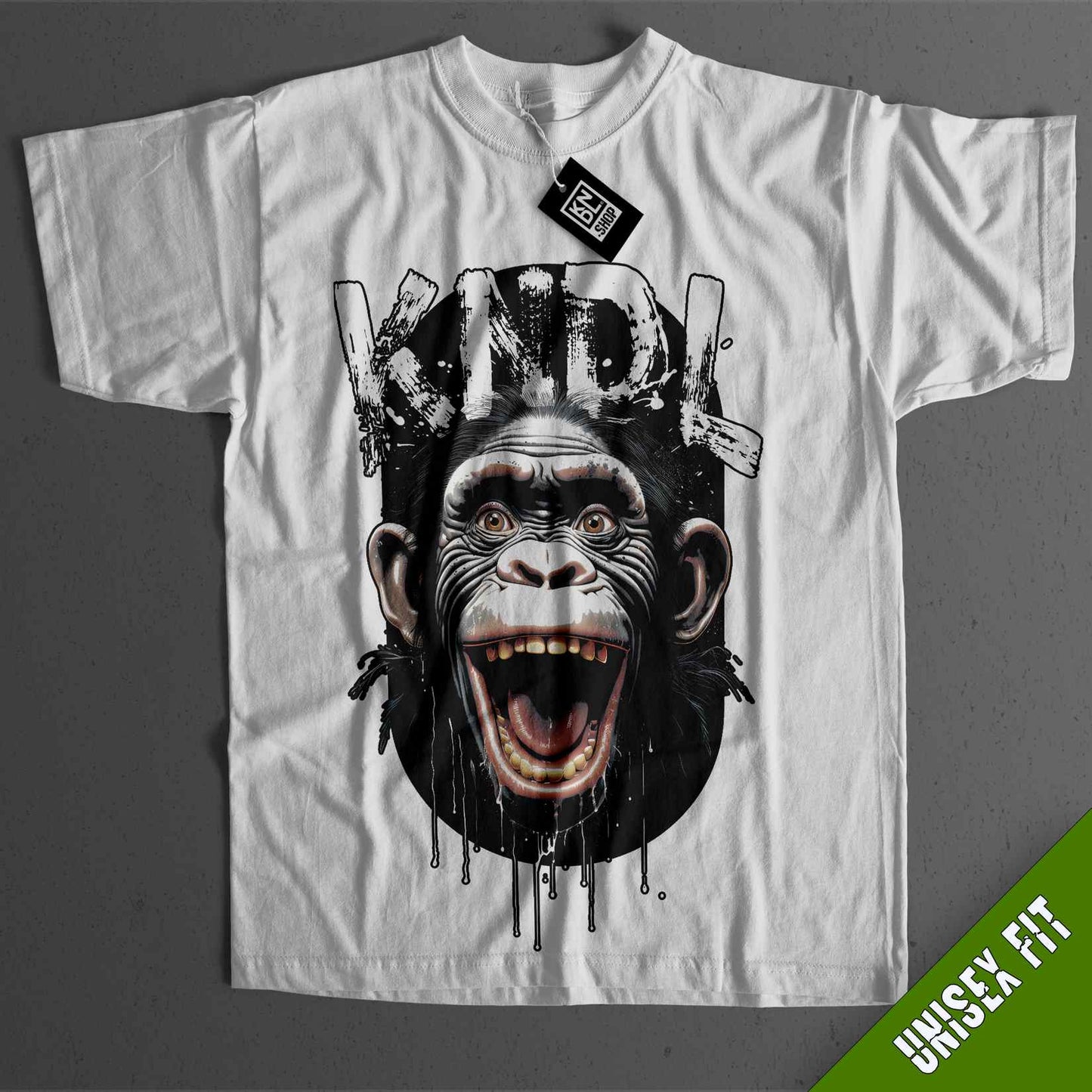 a white t - shirt with an image of a monkey on it