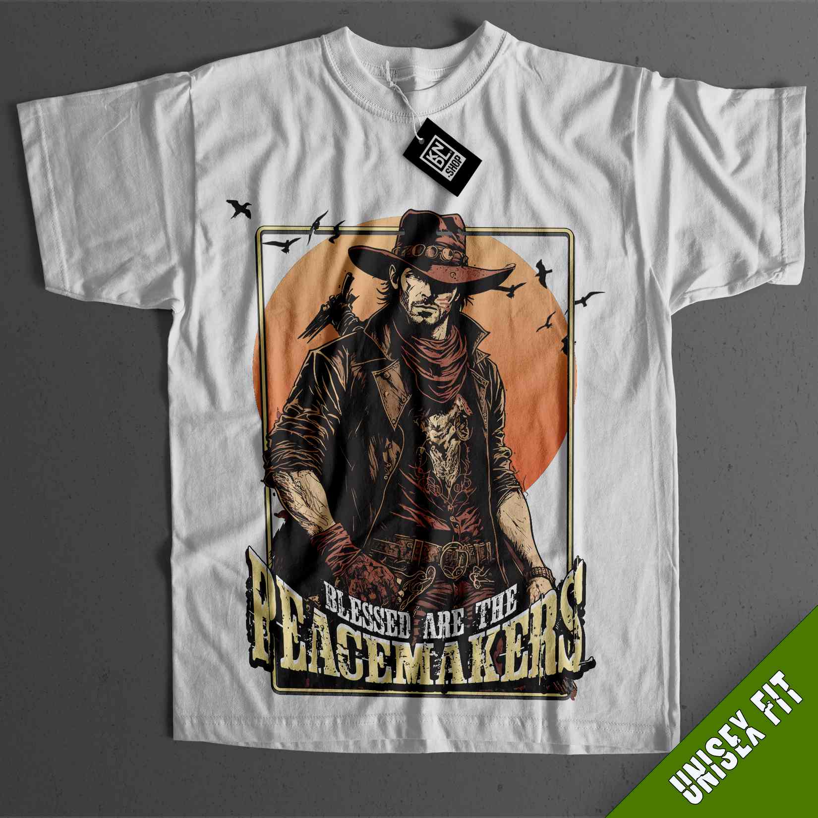 a white t - shirt with a picture of a skeleton wearing a cowboy hat