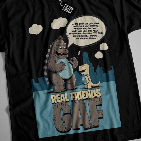 a t - shirt with a dinosaur and a dinosaur saying real friends cafe