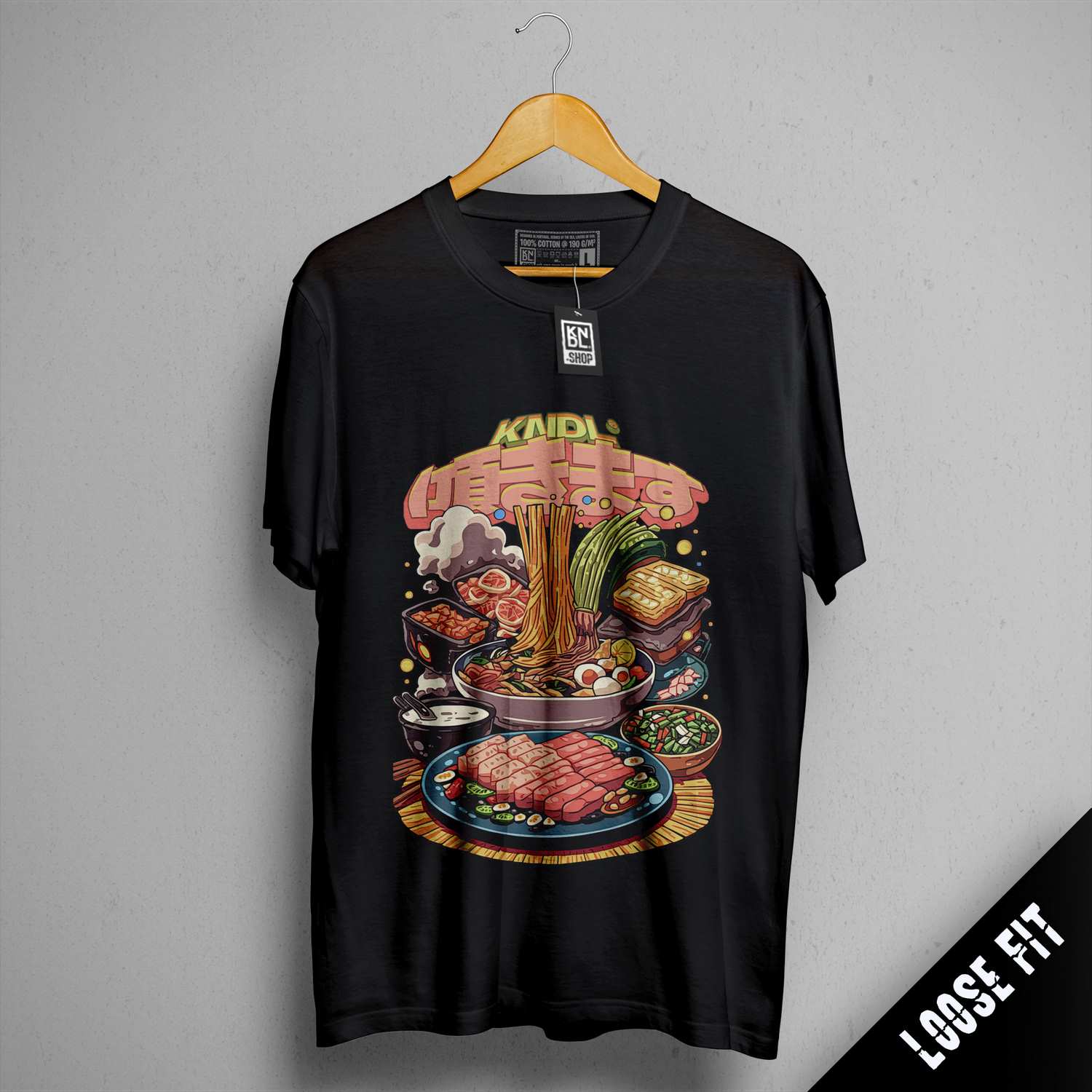 a black shirt with a picture of a bowl of food on it
