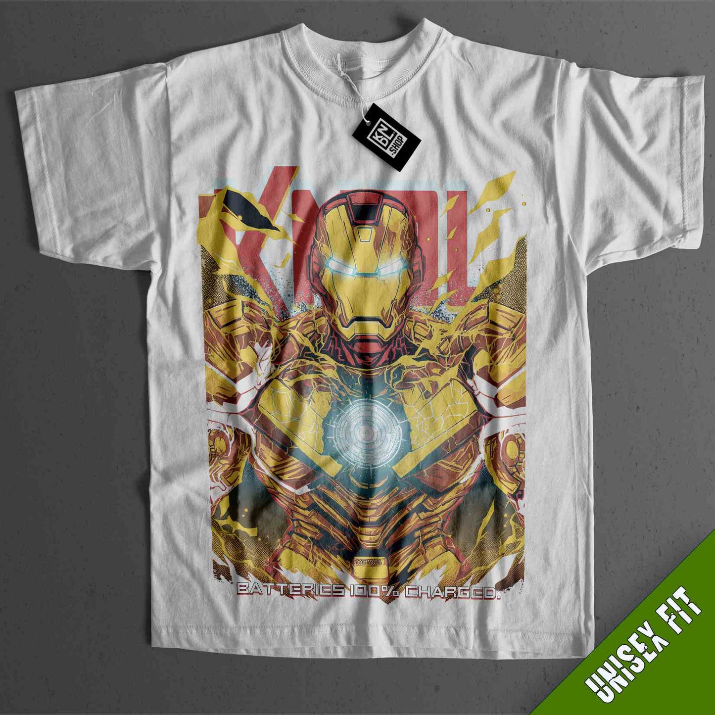 a white t - shirt with iron man on it