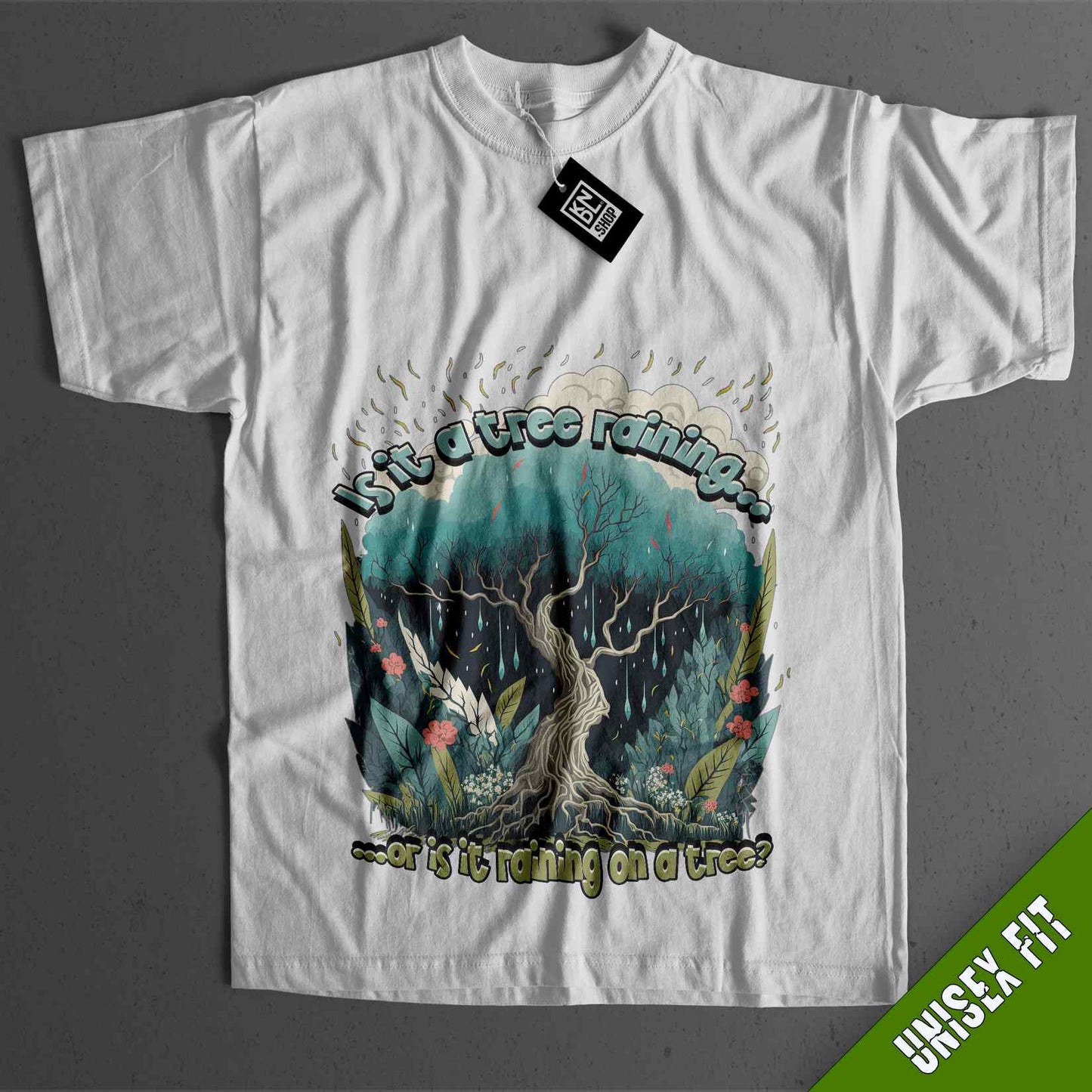 a white t - shirt with a tree and birds on it