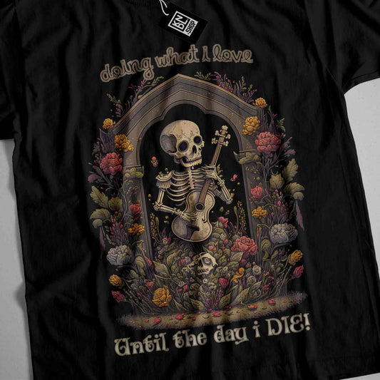 a black t - shirt with a skeleton playing a guitar