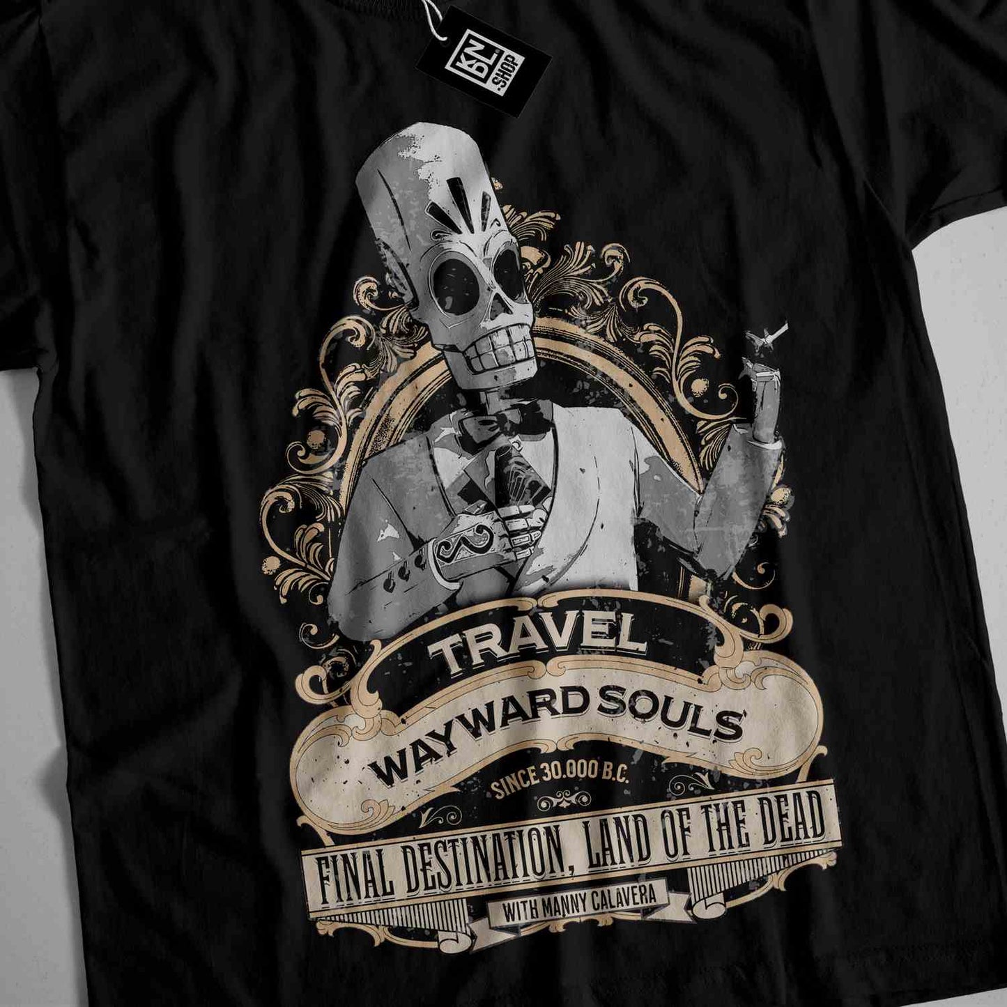 a black t - shirt with a skeleton holding a cigarette