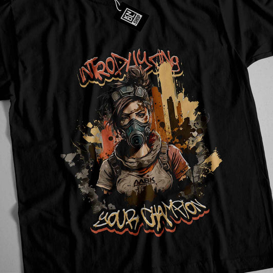a black shirt with a picture of a woman wearing a gas mask