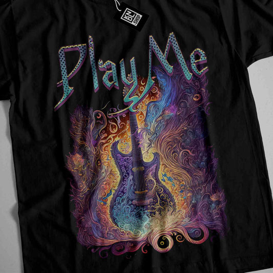 a black t - shirt with a guitar on it