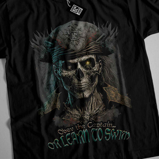 a black shirt with a skull wearing a hat