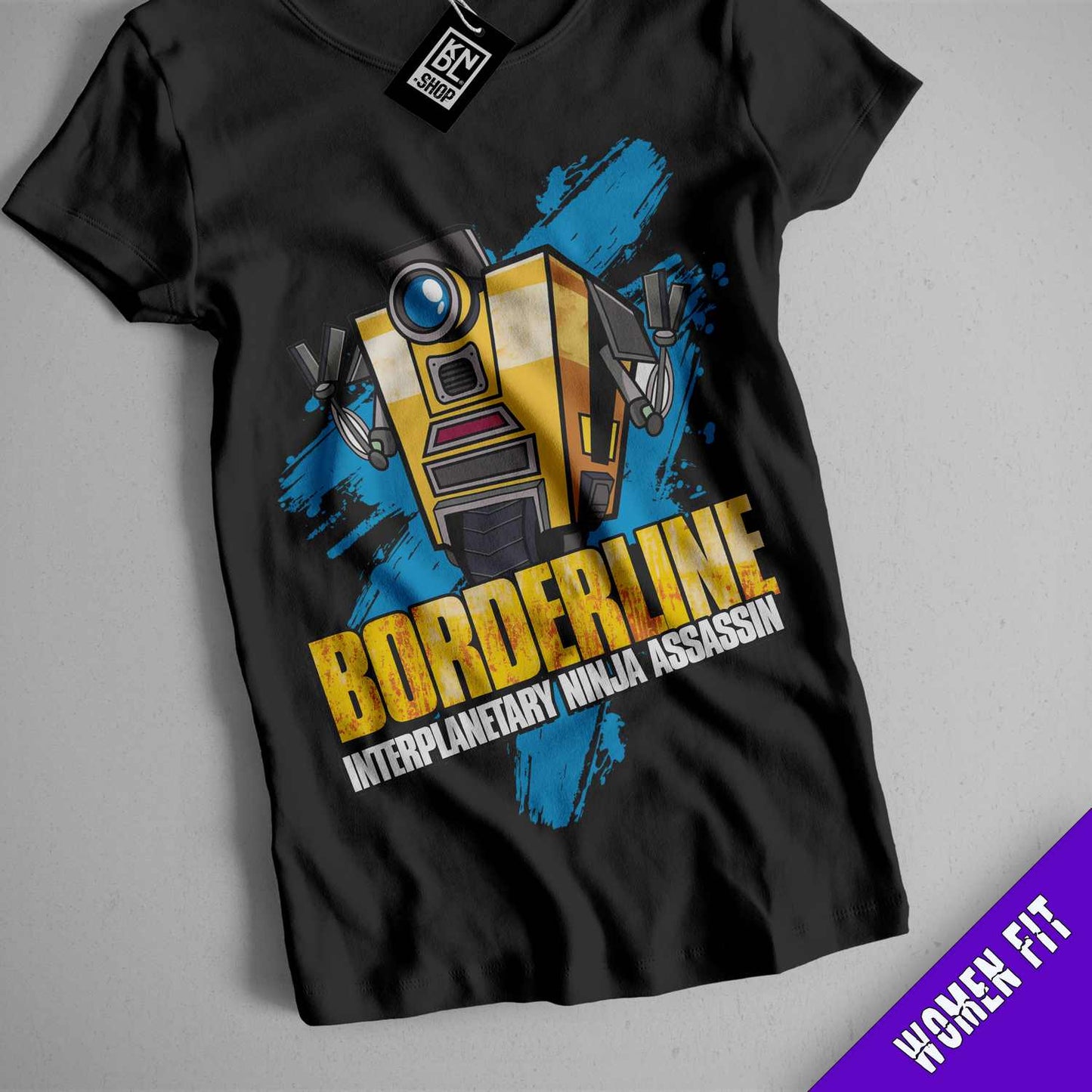 a black shirt with a yellow and blue robot on it