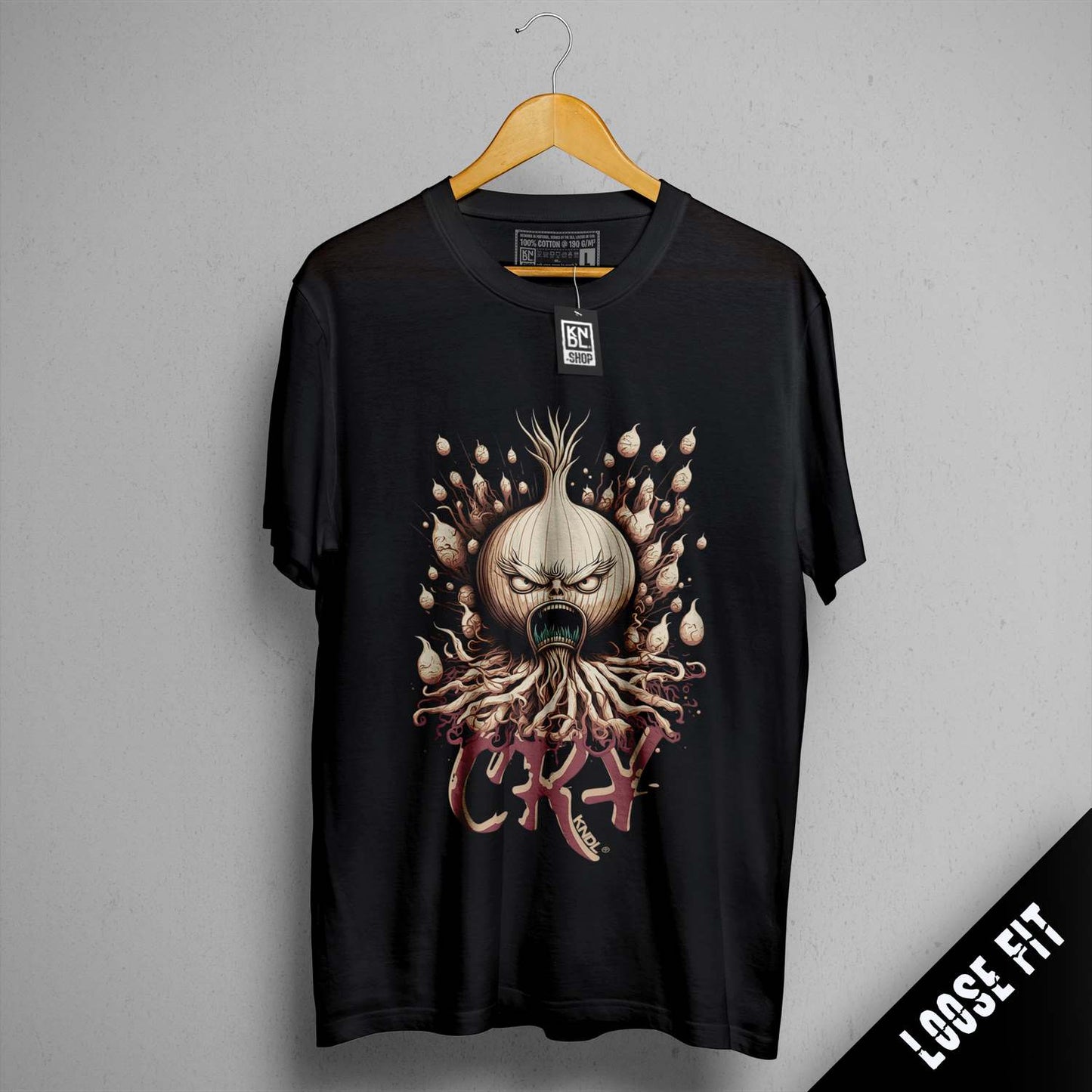 a black t - shirt with a picture of an onion on it
