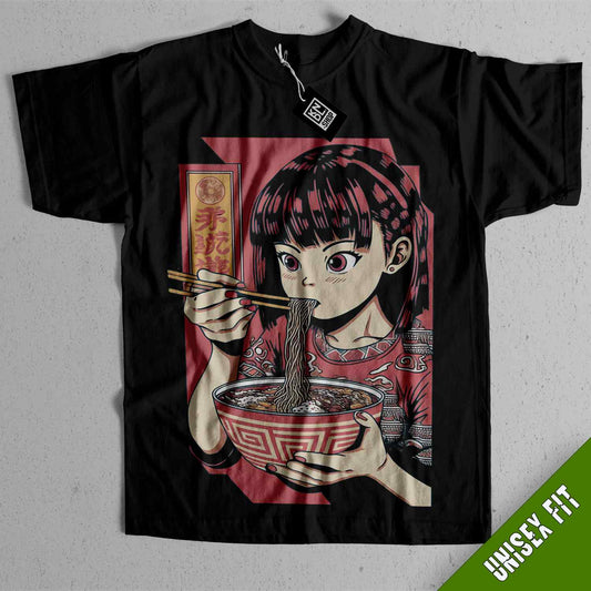 a t - shirt with a picture of a girl eating noodles with chopsticks
