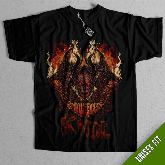 a black t - shirt with an image of a demon on it