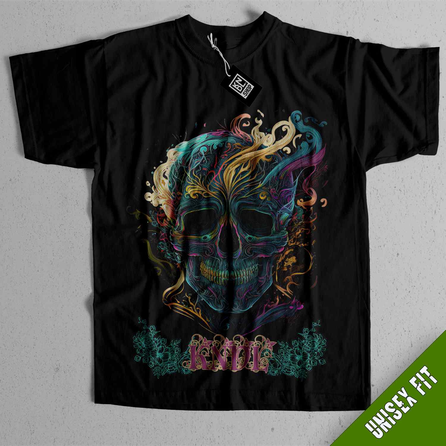 a black t - shirt with a colorful skull on it