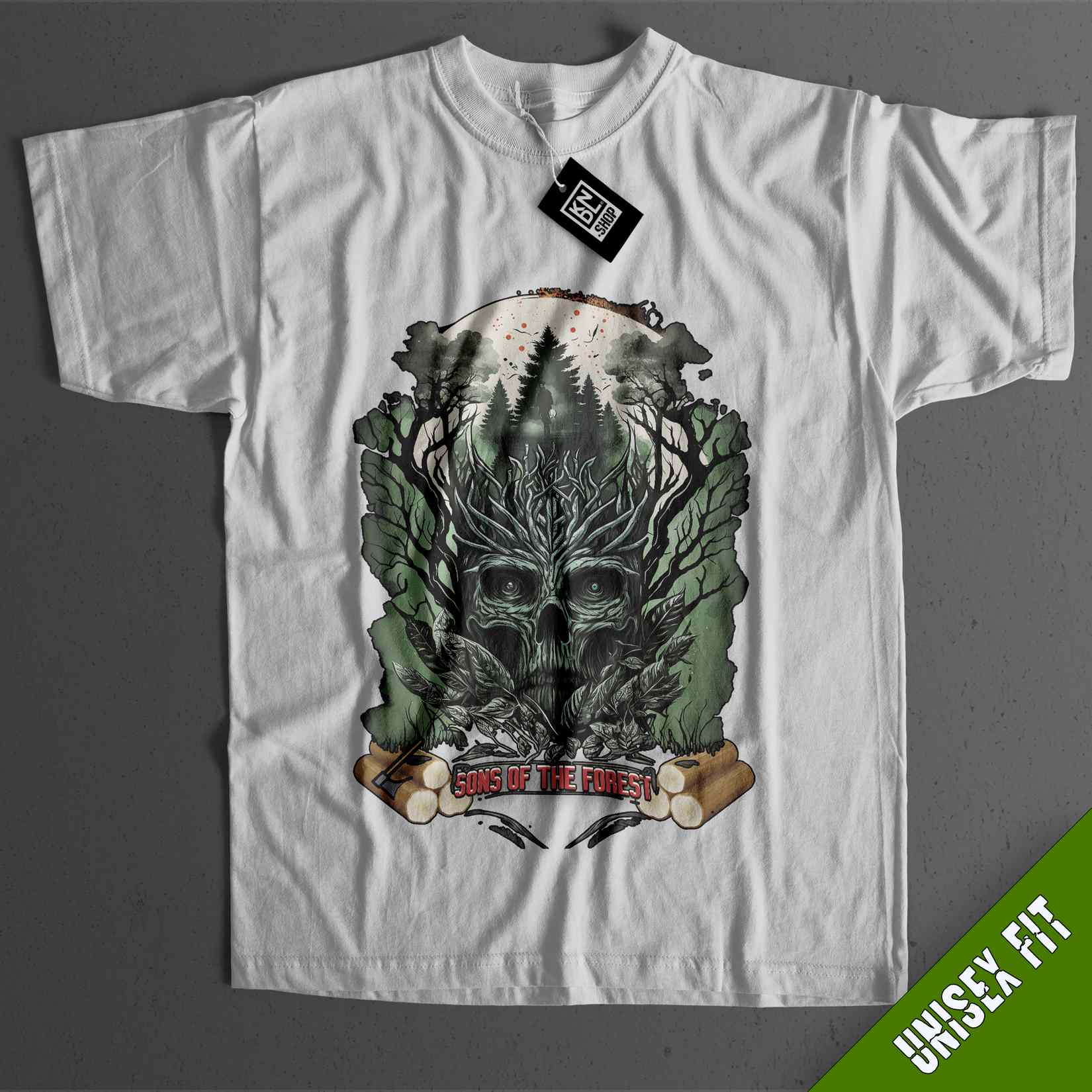 a white t - shirt with a picture of a skull and trees on it