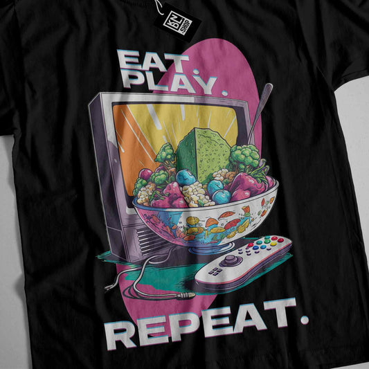 a t - shirt with a bowl of cereal and a remote