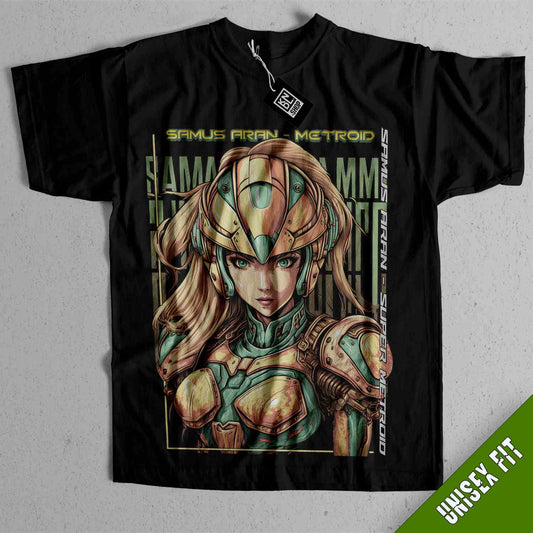 a black t - shirt with a picture of a woman in armor
